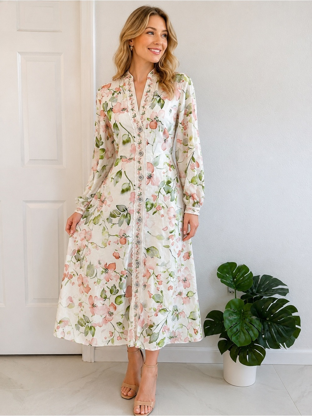 Caroline Constas Long Sleeve Linen Blend Shirtdress S